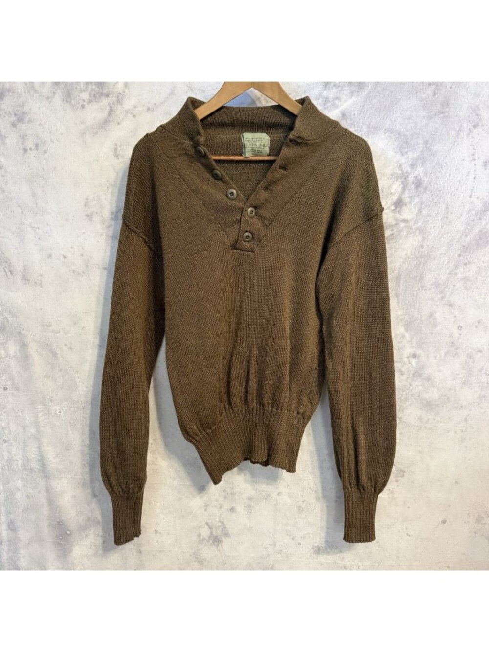 Vintage US Military Sweater Mens Medium Brown OD Wool Henley Mock Neck Army 80s